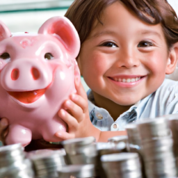 description: a young child holding a piggy bank with a smile on their face, surrounded by stacks of coins and dollar bills.