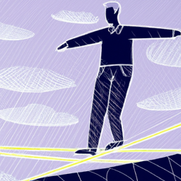 description: an image of a person standing on a tightrope with a large safety net below them, representing the idea of managing risk in investments.