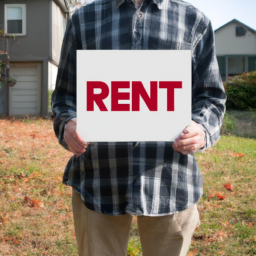 description: an anonymous image of a person standing in front of a rental property with a "for rent" sign in the yard.