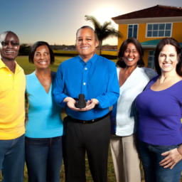 description: an image depicting a diverse group of individuals standing outside a newly purchased home, symbolizing the achievement of homeownership through the palm beach county home investment partnership program.