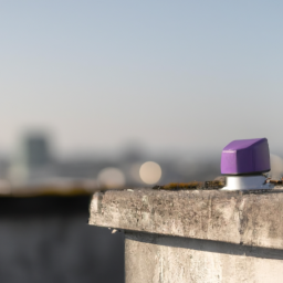 description: an anonymous image showcasing a purpleair sensor placed on a rooftop, monitoring the surrounding air quality. the sensor is small and discreet, blending seamlessly into the environment.