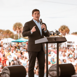 Description: A photo of Governor Ron DeSantis of Florida, standing on a podium and speaking to a crowd of people.