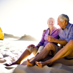 description: an image of a senior couple enjoying their retirement on a beach with the sun shining brightly in the background.
