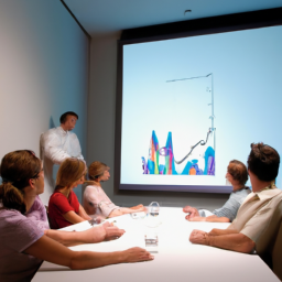 description: a group of professionals gathered around a conference table, looking at charts and graphs on a screen.