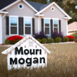 Close up of a house with a mortgage loan sign in the front yard.