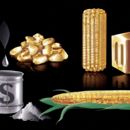 description: an image depicting a diverse range of commodities like gold, oil, corn, and silver.