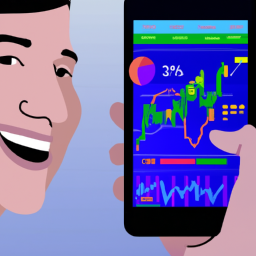 a person holding a smartphone with a stock market app open and a graph of stock performance on the screen. the person appears to be smiling and happy with the results.