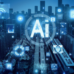 an image of a futuristic cityscape with a glowing blue ai symbol in the center, surrounded by various technology-related images such as robots, data charts, and computer screens.