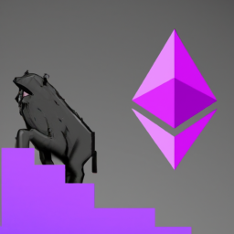 description: a graph showing the decline of ethereum's price relative to bitcoin's dominance, with a bear dominating the image. no actual names or logos are present in the image.