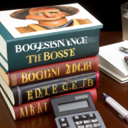 a stack of investment books, including "the intelligent investor," "the bogleheads' guide to investing," and "cashing out," sits on a desk with a calculator and pen nearby.