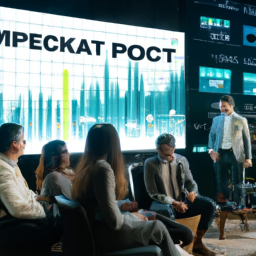 description: a diverse group of investors engaged in a discussion about impact alpha investments, with charts and graphs displayed on screens in the background.