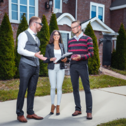 a couple standing in front of a large investment property, holding a financial statement and talking with a real estate agent.