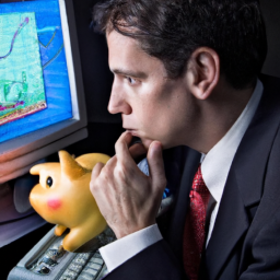 a person holding a piggy bank and looking at a computer screen showing stock charts and financial data. the person is wearing a suit and appears to be deep in thought.