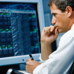 description: an image of a person looking at stock market charts on a computer screen, with a notepad and pen nearby. the person appears to be deep in thought and focused on the task at hand.