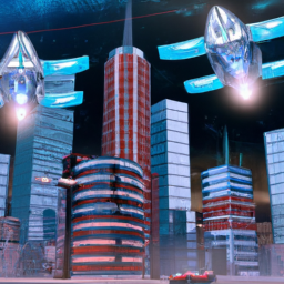 description: a futuristic cityscape with glowing buildings and flying cars.