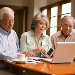 description: a group of retirees sitting at a table discussing their financial plans, with a laptop and a calculator on the table.