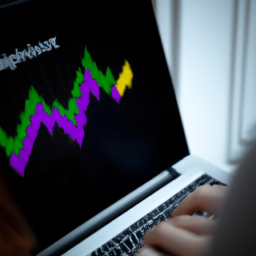 description: a photo of a person typing on a laptop with a cryptocurrency chart displayed on the screen. the person's face is not visible, and the background is blurred.