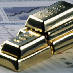 description: a photo of gold and silver bars stacked on top of each other, with a blurred background of a financial chart.