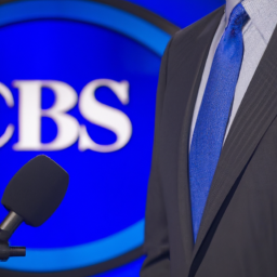 a man in a suit standing in front of a microphone, with the cbs news logo in the background.