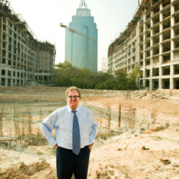 Description: An image of Taurus Investment Holdings CEO Peter Merrigan standing in front of a large construction site, with a group of buildings in the background.