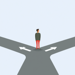 a person standing at a crossroads, with one road leading to a single destination and the other road leading to multiple destinations. the image represents the importance of diversification in decision-making and investment strategies.