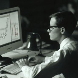 description: a person sitting at a desk, looking at a computer screen and researching stock investments. they have a notepad and pen next to them and are wearing glasses.