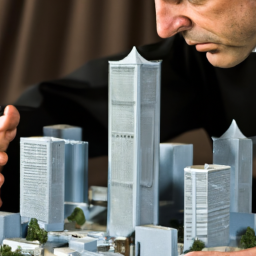 Description: A businessman looking at a model of a city skyline with a focus on the buildings of a multifamily complex.