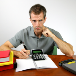 a person sitting at a desk with a calculator and notebook, looking focused and determined.