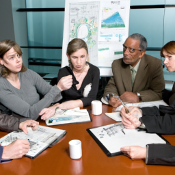 description: an image showing a diverse group of people discussing investments and financial planning in a professional office setting.