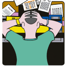 description: an image of a person sitting at a desk, surrounded by financial documents and computer screens. the person appears stressed and overwhelmed.