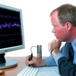 a person sitting at a desk, holding a pen and looking at a computer screen with a chart of their investment portfolio. they appear to be deep in thought, with a serious expression on their face.