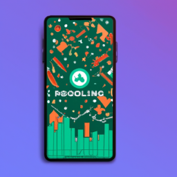 description: an illustration of a smartphone screen with the robinhood logo and stock charts in the background, surrounded by images of confetti and push notifications. the image represents robinhood's gamification of investing and its focus on mobile trading.