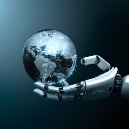 description: a futuristic-looking robot hand holding a globe, symbolizing the potential of ai to revolutionize industries and change the world. the image is anonymous and does not feature any recognizable brands or logos.