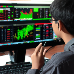 Description: An investor looking at the stock market on a computer, analyzing the various stocks and options available.