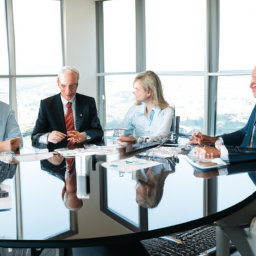 description: an image of a diverse group of investors discussing mutual fund investment strategies in a modern office setting.