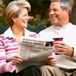 a senior couple sitting on a park bench, looking content and happy. the man is holding a newspaper and the woman is holding a cup of coffee. they are both smiling and enjoying each other's company.