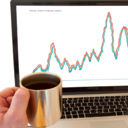 a person sitting at their desk with a laptop and a cup of coffee, looking at a graph of their investment portfolio on the screen. the graph shows a steady increase in value over time.