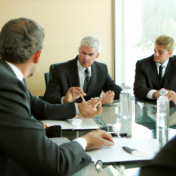 description: a group of business people discussing investment strategies in a conference room.