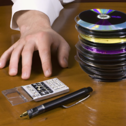 a person holding a stack of cds in their hand, with a calculator and a pen on a table next to them.