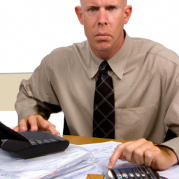 a person sitting at a desk, surrounded by financial documents and a calculator, with a determined expression on their face.