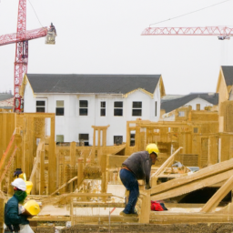 Description: A construction site with workers building a new affordable housing complex, funded by home investment programs.