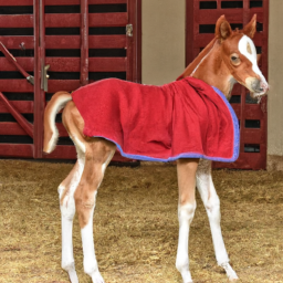 a chestnut colt with a white blaze on his forehead and four white stockings, standing in a stable, with a red and white blanket draped over his back.