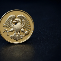 a gold coin with an eagle emblem on one side and the face of a prominent historical figure on the other side, lying on a dark surface with a black background.