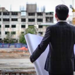 description: a businessman standing in front of a construction site with a blueprint in his hand, looking forward to the future.
