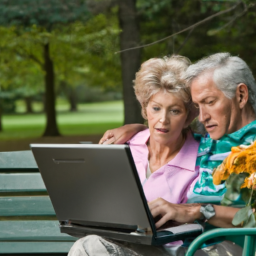 an elderly couple sitting on a bench in a park, looking at a laptop computer and discussing their retirement planning.