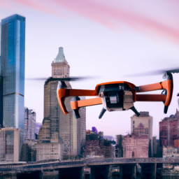 An image of the P2 Zip drone, with a sleek and modern design, hovering over a city skyline. The drone features a large cargo hold and advanced sensors for real-time tracking and monitoring.