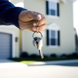 description: an anonymous image of a person holding a key in front of a house.