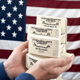 description: a person holding a stack of u.s. savings bonds, with the american flag in the background.