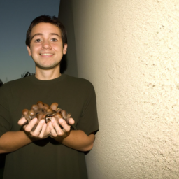 Description: Nick Castro stands with a handful of acorns that were discovered in a wall of a California home.