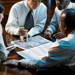 description: an image of a diverse group of people discussing investment strategies and analyzing stock market data.
